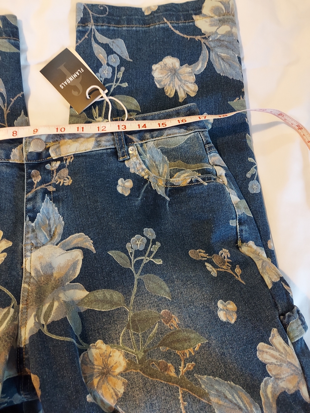 NWT Flamingals Blue Vintage Floral Print Straight Leg Denim Jeans Size XL - Picture 5 of 10